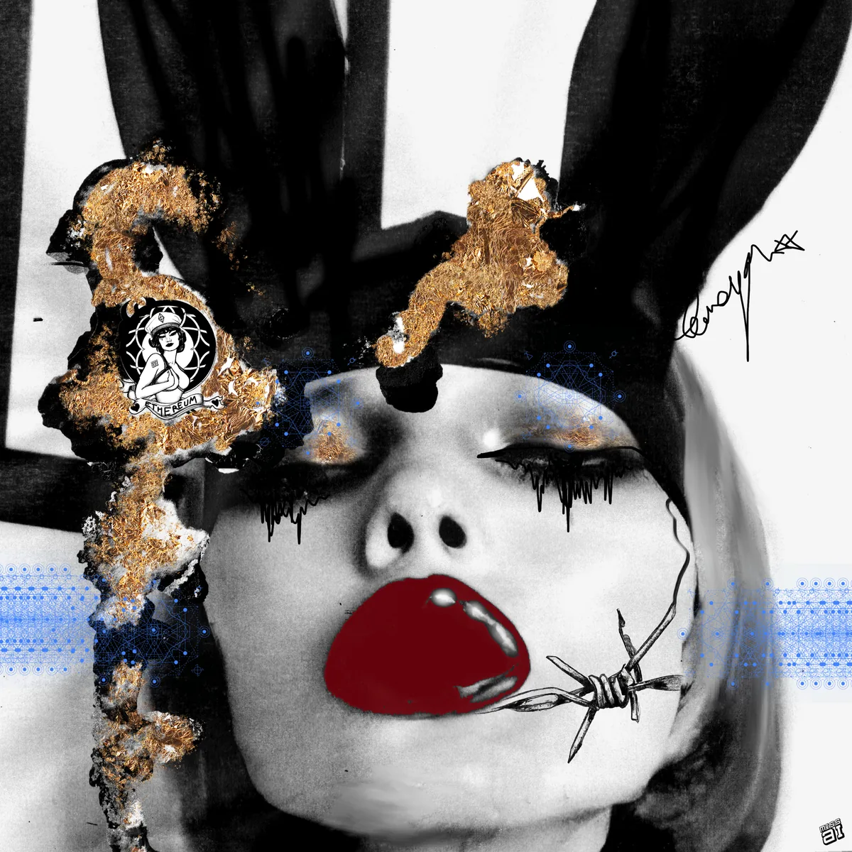 Soul Brd #1, Lodia Readthoughts: a woman with black bunny ears, red lips and gold leaf, inked by hand